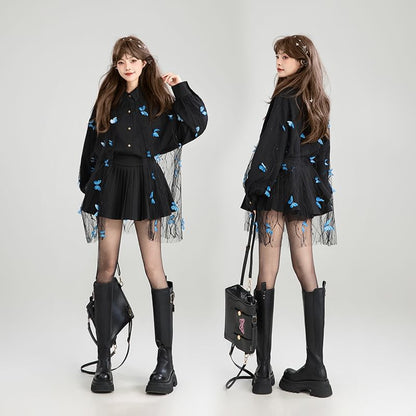 Oversized Collared Shirt with Butterfly Applique and Lace