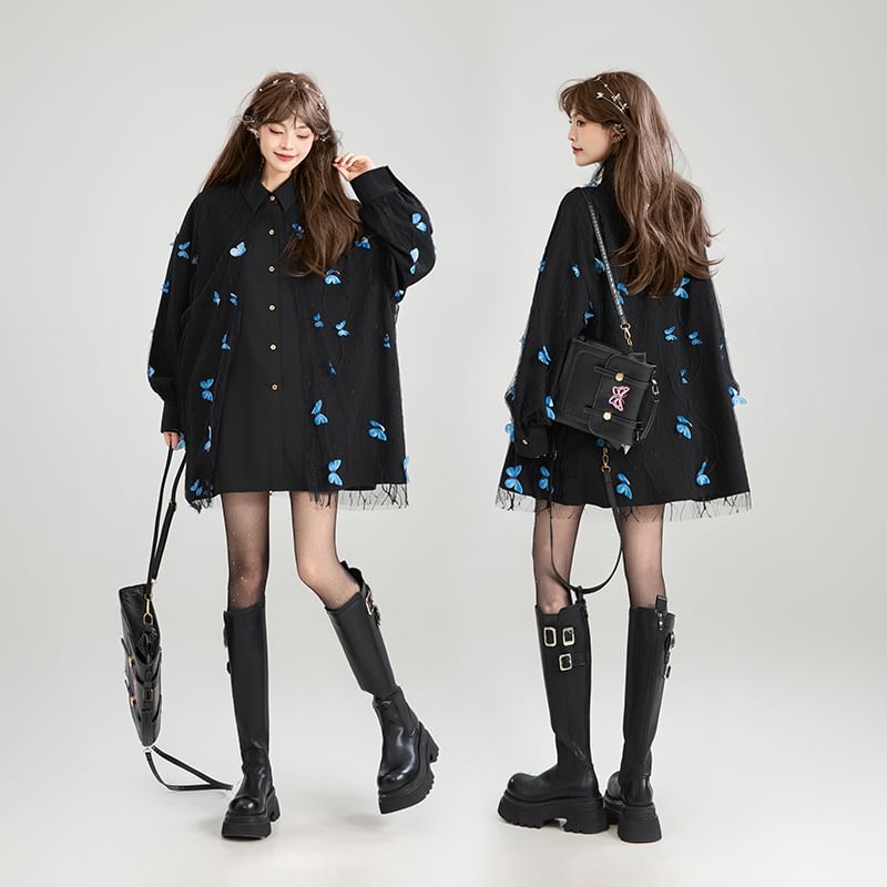 Oversized Collared Shirt with Butterfly Applique and Lace