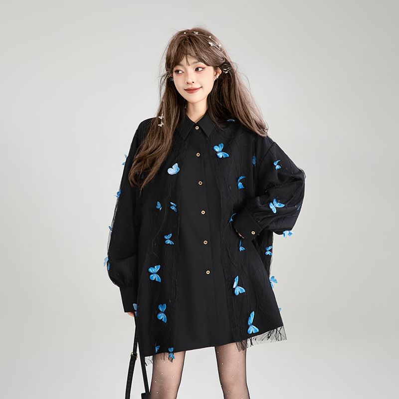 Oversized Collared Shirt with Butterfly Applique and Lace