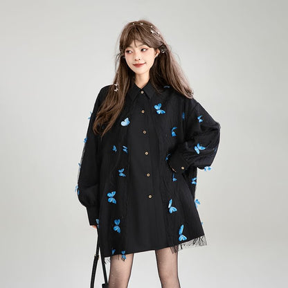 Oversized Collared Shirt with Butterfly Applique and Lace