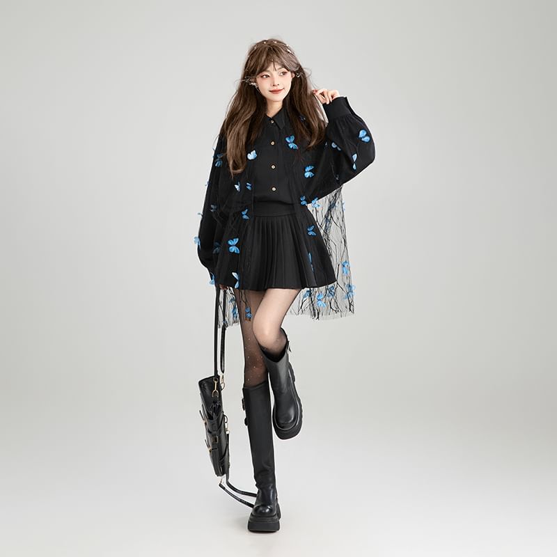 Oversized Collared Shirt with Butterfly Applique and Lace