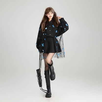 Oversized Collared Shirt with Butterfly Applique and Lace
