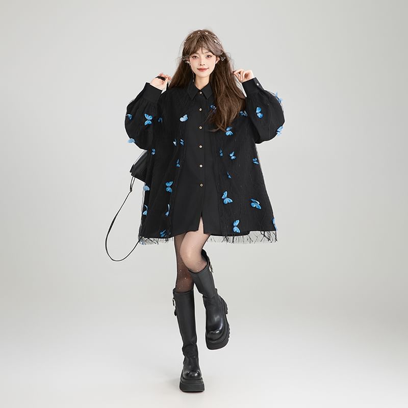 Oversized Collared Shirt with Butterfly Applique and Lace