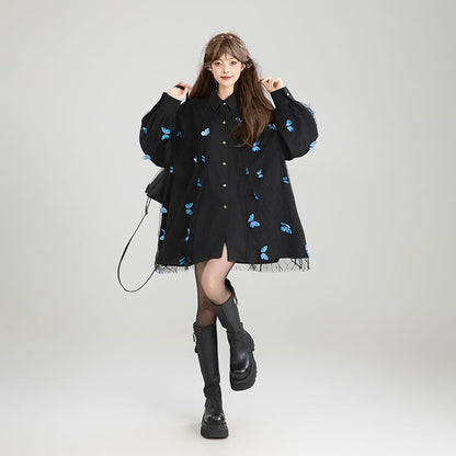 Oversized Collared Shirt with Butterfly Applique and Lace