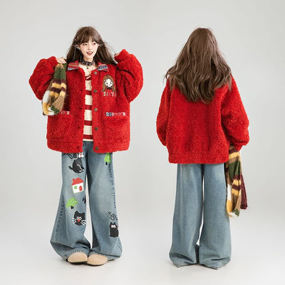 Collared Embroidered Patterned Panel Button Teddy Jacket