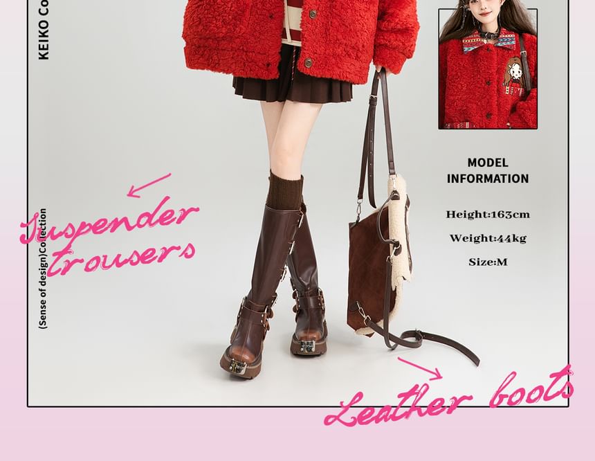 Collared Embroidered Patterned Panel Button Teddy Jacket