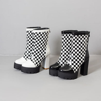 Block Heel Checkerboard Short Boots