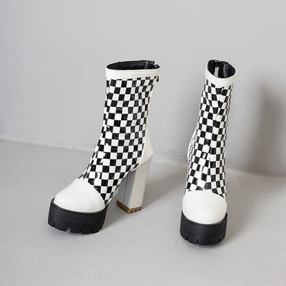 Block Heel Checkerboard Short Boots
