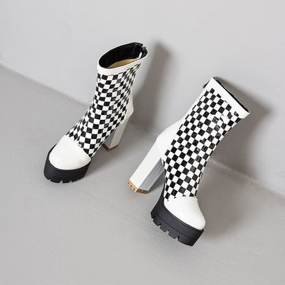 Block Heel Checkerboard Short Boots