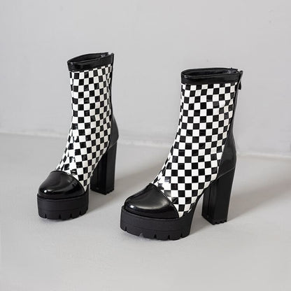 Block Heel Checkerboard Short Boots