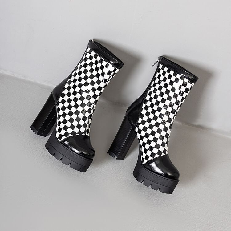Block Heel Checkerboard Short Boots