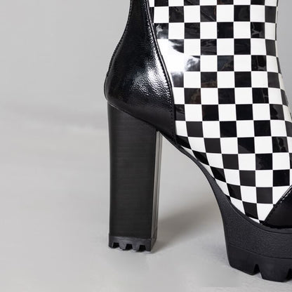 Block Heel Checkerboard Short Boots