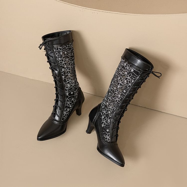 Short Block Heel Lace Boots