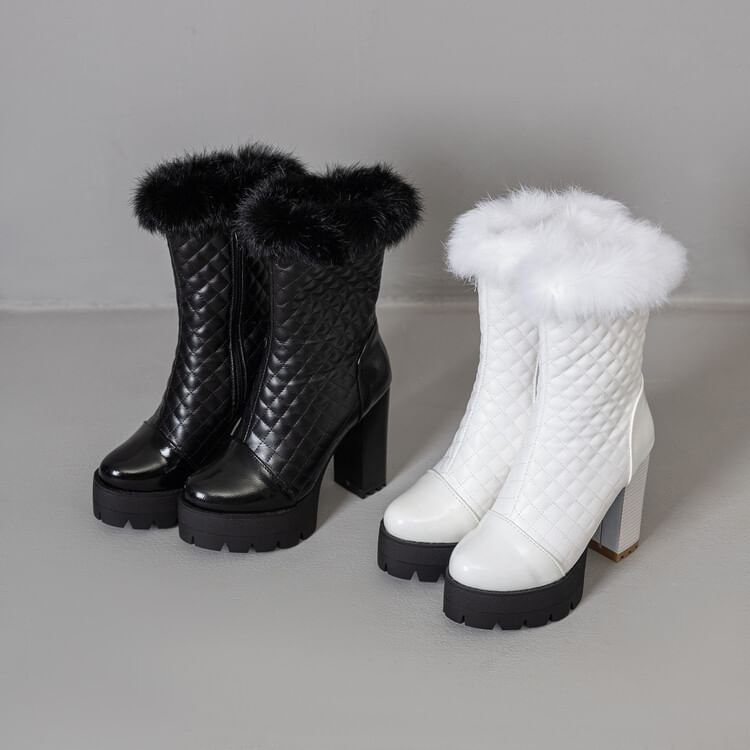 Block Heel Furry Trim Quilted Short Boots