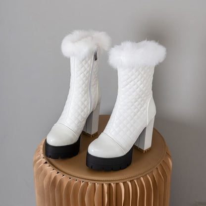 Block Heel Furry Trim Quilted Short Boots