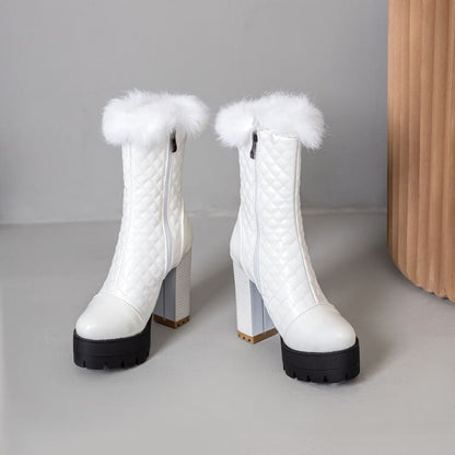 Block Heel Furry Trim Quilted Short Boots