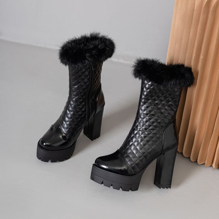 Block Heel Furry Trim Quilted Short Boots