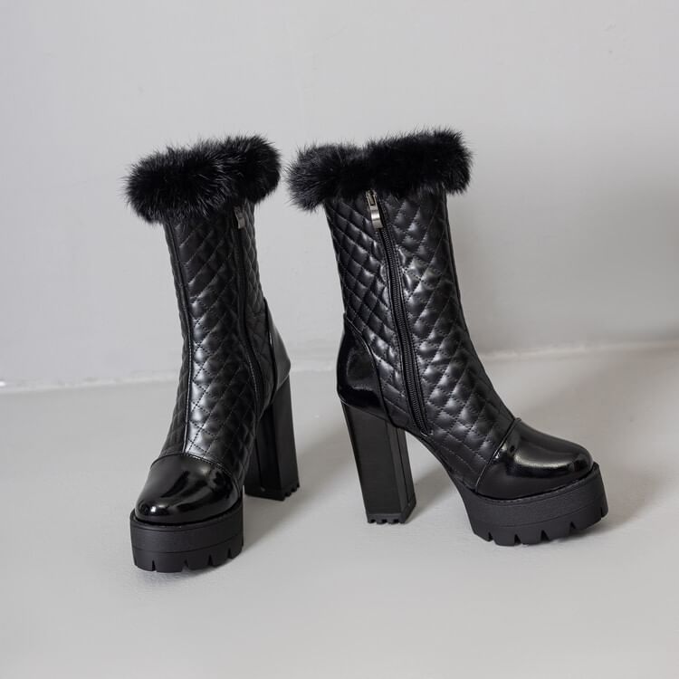 Block Heel Furry Trim Quilted Short Boots