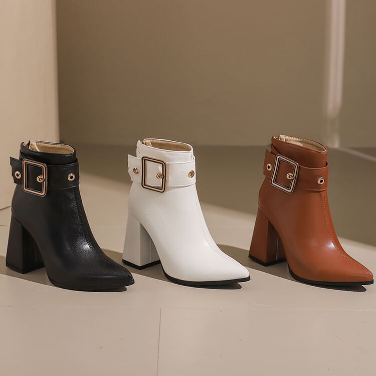 Block Heel Pointed buckled Short Boots