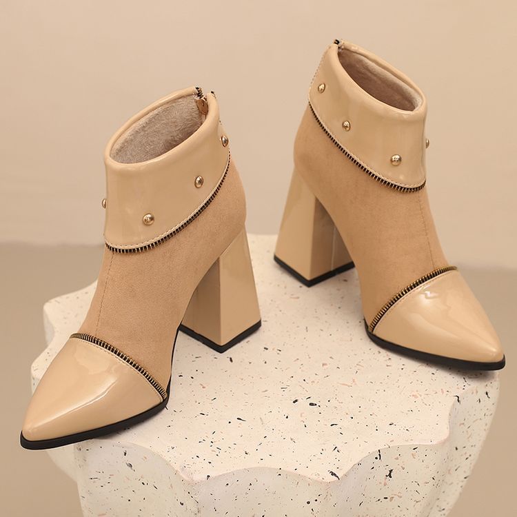 Block Heel Color block Pointed Short Boots