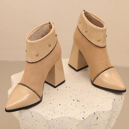 Block Heel Color block Pointed Short Boots
