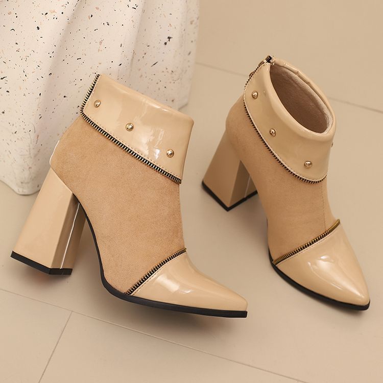 Block Heel Color block Pointed Short Boots