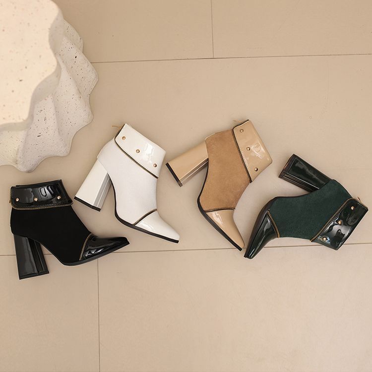 Block Heel Color block Pointed Short Boots