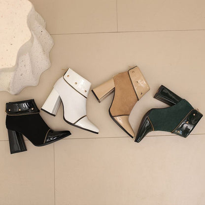 Block Heel Color block Pointed Short Boots