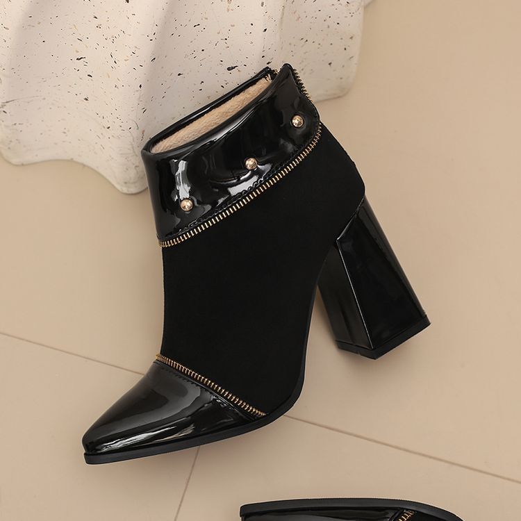 Block Heel Color block Pointed Short Boots