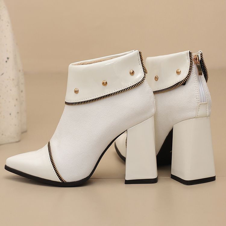 Block Heel Color block Pointed Short Boots