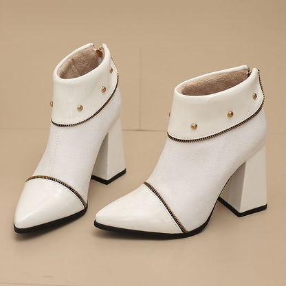 Block Heel Color block Pointed Short Boots