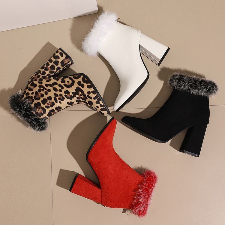 Block Heel Furry Trim Leopard Print Short Boots
