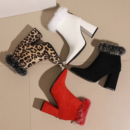 Block Heel Furry Trim Leopard Print Short Boots