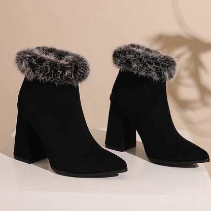 Block Print Short Furry Boots Heel Trim Leopard