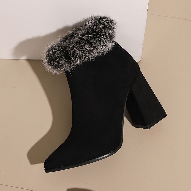 Block Print Short Furry Boots Heel Trim Leopard
