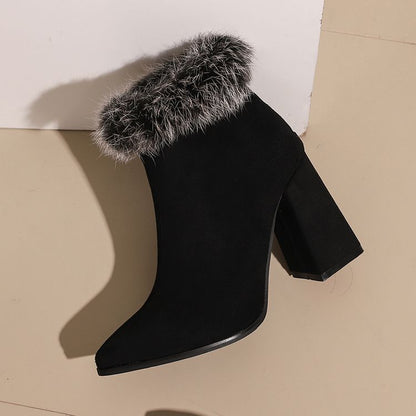 Block Print Short Furry Boots Heel Trim Leopard