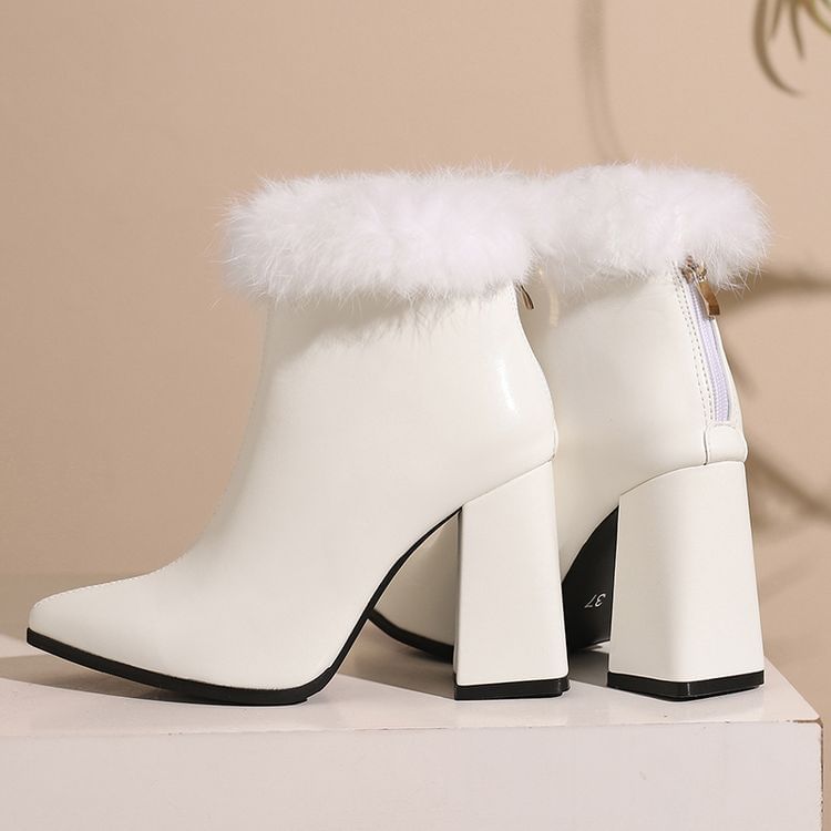 Block Heel Furry Trim Leopard Print Short Boots