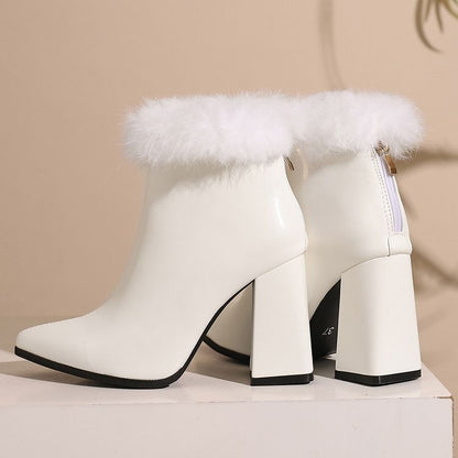 Block Heel Furry Trim Leopard Print Short Boots