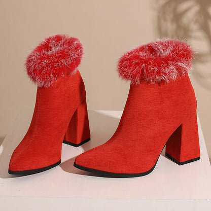 Block Print Short Furry Boots Heel Trim Leopard