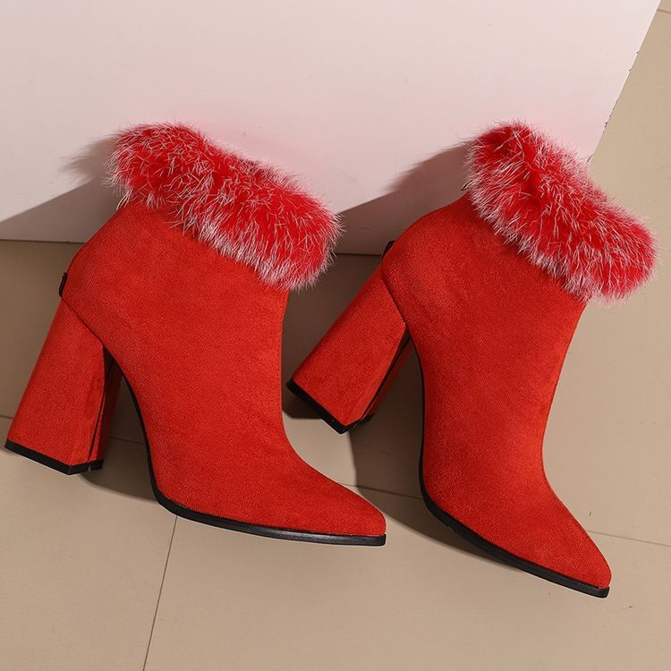 Block Heel Furry Trim Leopard Print Short Boots