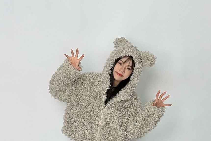 Plain Hood Zip Teddy Jacket