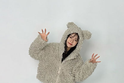 Plain Hood Zip Teddy Jacket