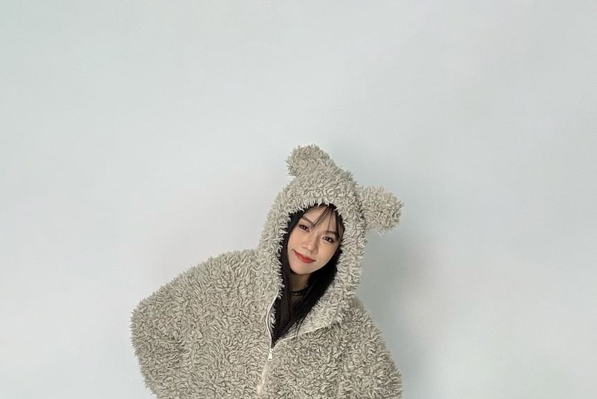 Plain Hood Zip Teddy Jacket