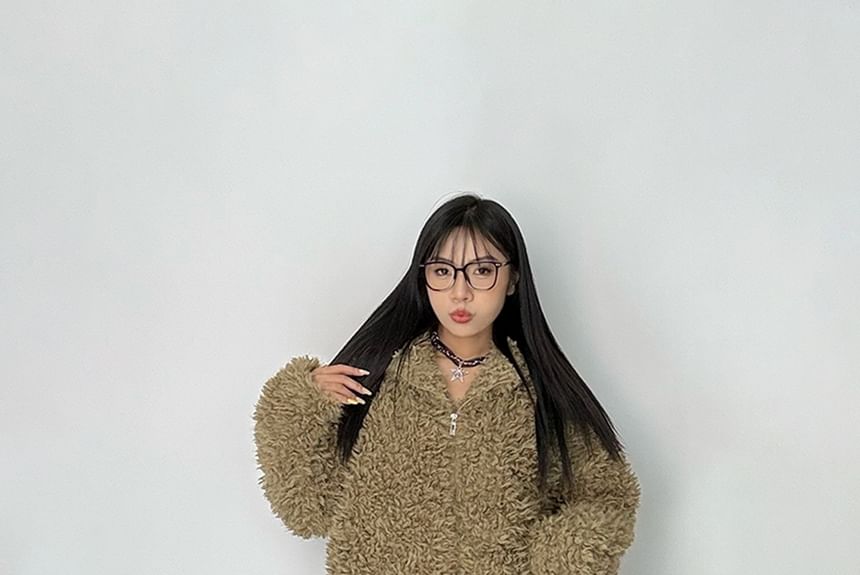 Plain Hood Zip Teddy Jacket