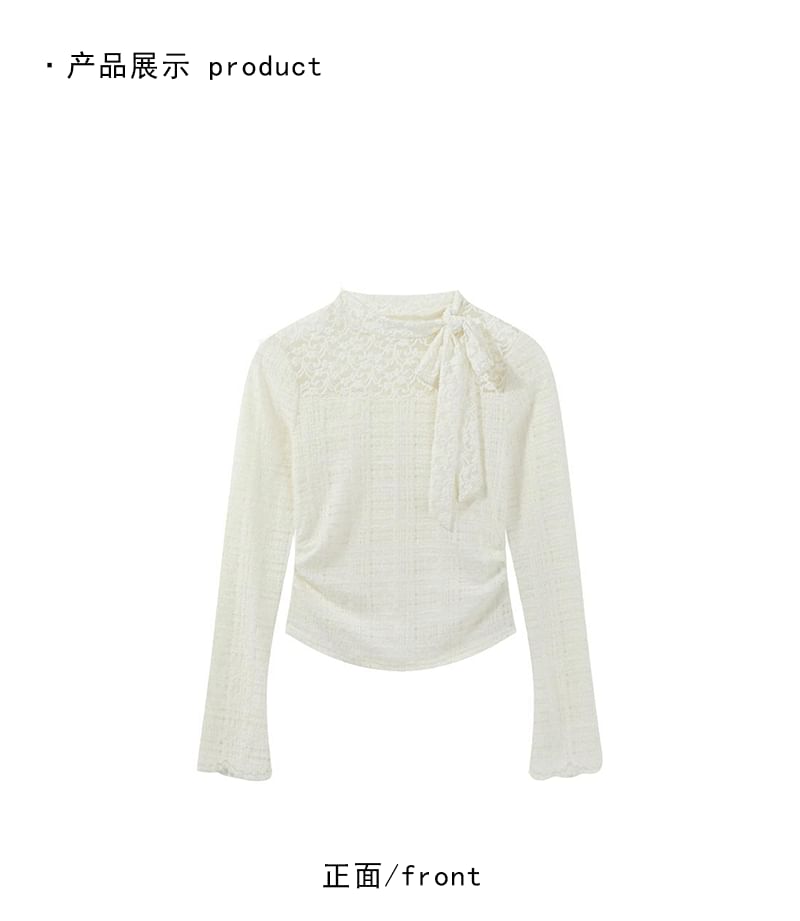 Mock Neck Tie-Up Lace Panel Top with Long Sleeves