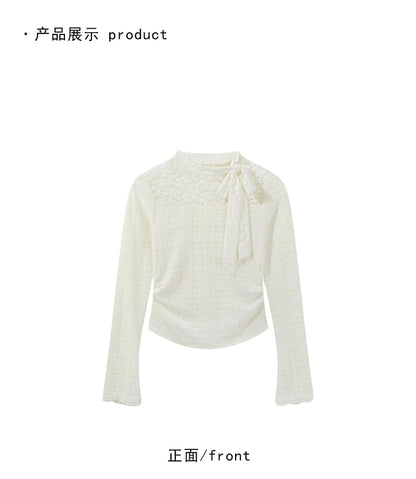 Mock Neck Tie-Up Lace Panel Top with Long Sleeves