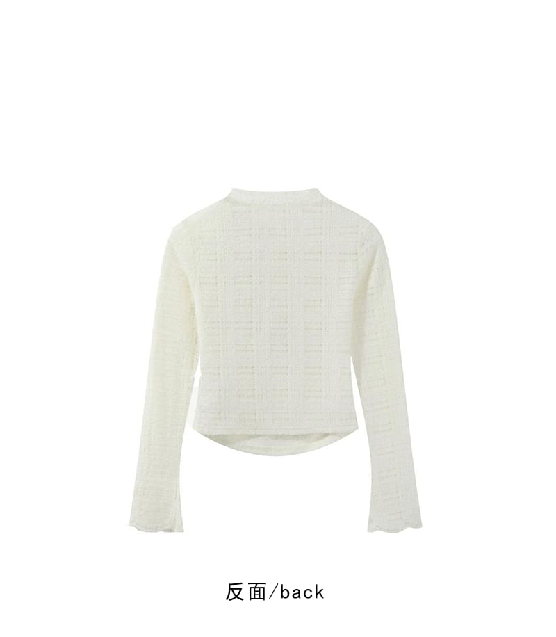 Mock Neck Tie-Up Lace Panel Top with Long Sleeves