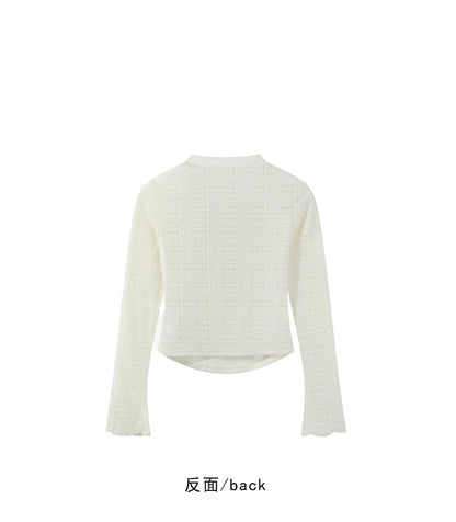 Mock Neck Tie-Up Lace Panel Top with Long Sleeves