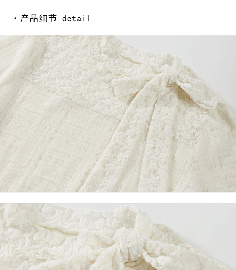Mock Neck Tie-Up Lace Panel Top with Long Sleeves