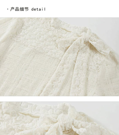 Mock Neck Tie-Up Lace Panel Top with Long Sleeves